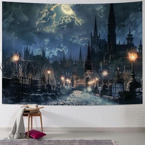 Creowell Castle Moon Night Tapestry, Wolf Fantasy Medieval Town Wall Hangings Tapestry for Men Bedroom Gothic Style Castle Tapestries for Living Room Office Dorm Man Cave Background 50x40inch