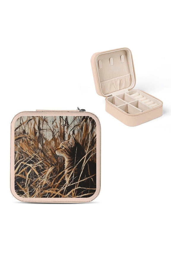 Cat Field Grass PU Leather Jewelry Box for Necklace, Ring, Earring - Travel Size Organizer with Zipper Closure Pink