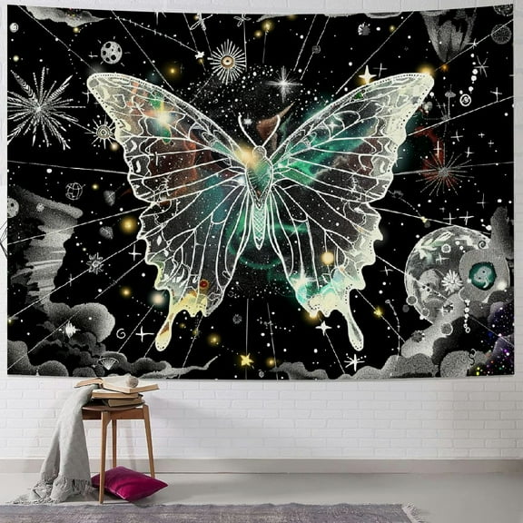 Creowell Celestial Moth Tapestry Gothic Trippy Witchy Goth Black and White Butterfly Tapestries Sun and Moon Mystic Dark Aesthetic Nature Small Tapestry for Bedroom Living Room Dorm Decor