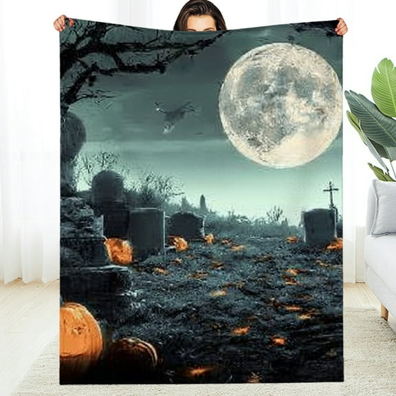 Creowell Cemetery Pumpkins Full Moon Flannel Blanket, All-Season Cozy 30*40in