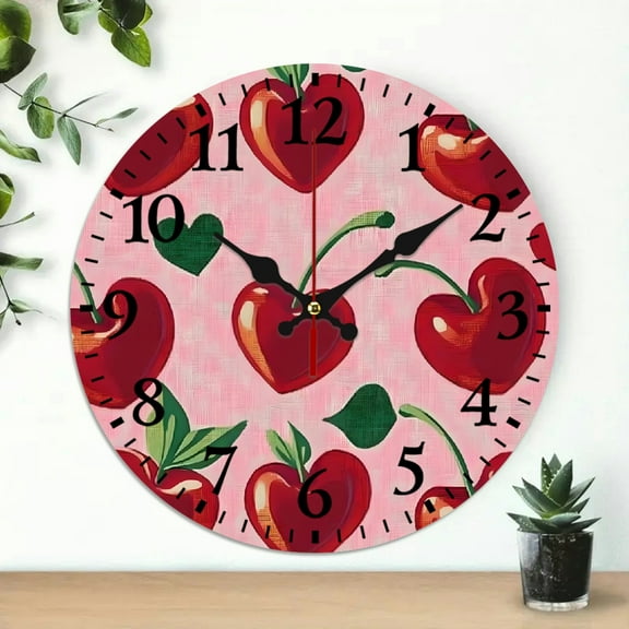 Creowell Cherries Pattern Wooden Wall Clock Silent Mechanical Movement 10x10in