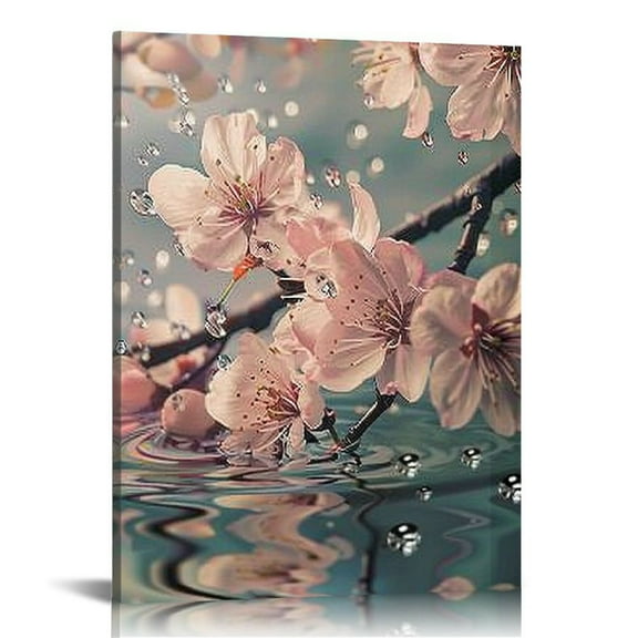 Creowell  Cherry Blossom Wall Art Pink Flower Wall Decor Living Room, Cherry Blossoms Falling in Water, Zen Wall Painting, Restaurant, Clothing Store, Home Decor 16x20 in