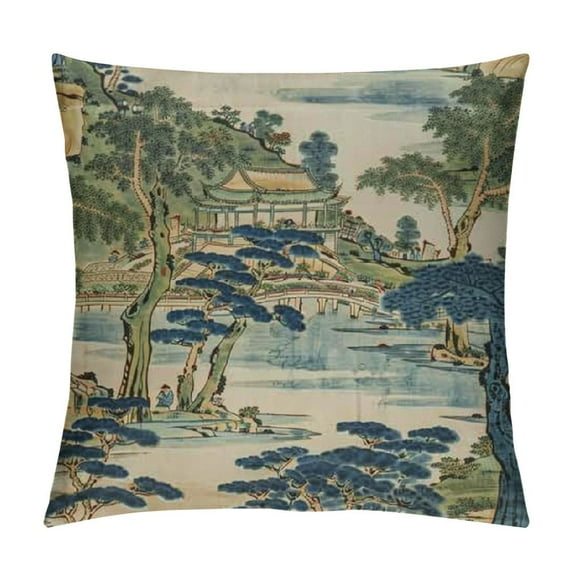 Creowell Chinoiserie Asian Scenic Blue and Green Blue and White Vintage Floral Chinoiserie Flower Pillow Covers Decorative Lumbar Throw Pillowcase Couch Cushion Cover for Home Decor Living Room Bed
