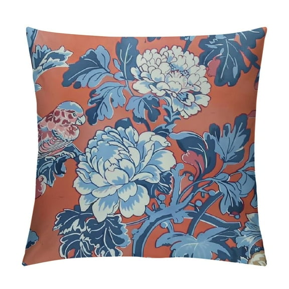 Creowell Chinoiserie Peony Blue Red Throw Pillow Case Square Cozy Pillow Cover Home Decor for Living Room Sofa Car Cushion