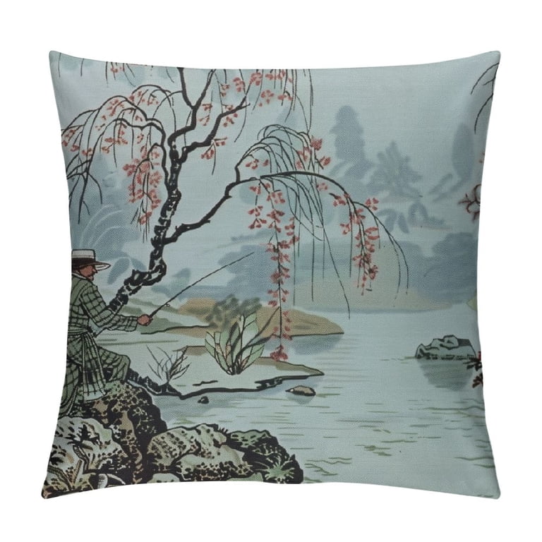 Chinoiserie Red Peony Floral Throw Pillow Covers 20x20 - Turquoise Bird Tree Design, Zippered, Farmhouse Decor