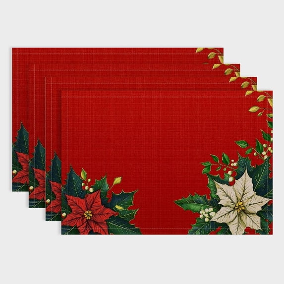 Creowell Christmas Poinsettia Placemats Set of 4,Xmas Winter Red Table Mat Waterproof Washable for Seasonal Holiday Party Dining Decoration 18x12in