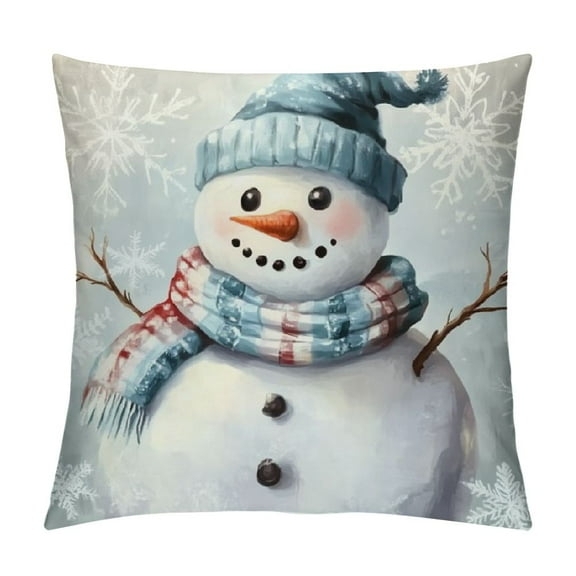 Creowell Christmas Throw Pillow Covers, Snowman Joy Snowflake Winter Holiday Buffalo Plaid Pillow Cushion Cases for Home Sofa Bed (Light Blue) 12x12in