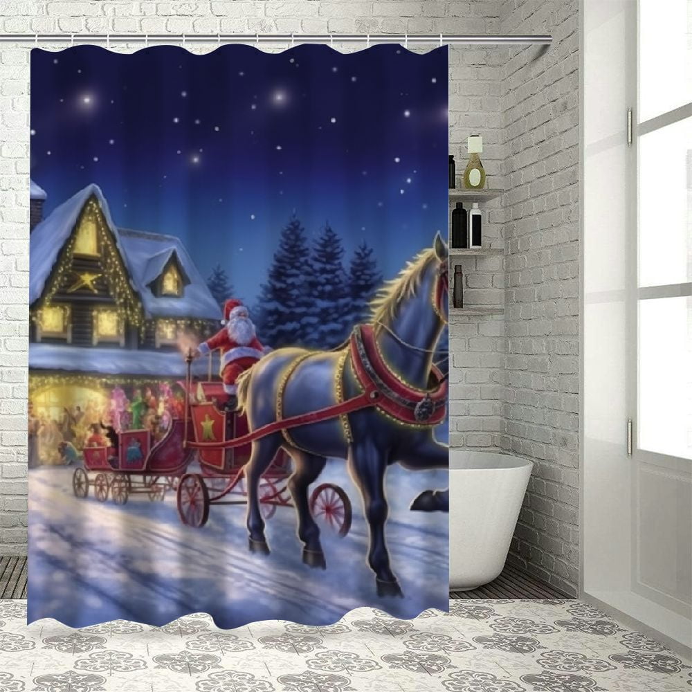 Creowell Christmas Tree Horse Sleigh Print Shower Curtain Home