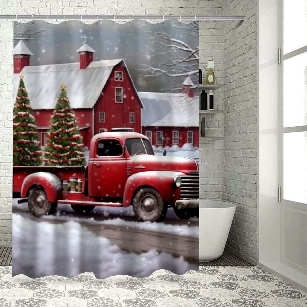 Creowell Christmas Tree Snow Barn Print Shower Curtain with Hooks, Chic