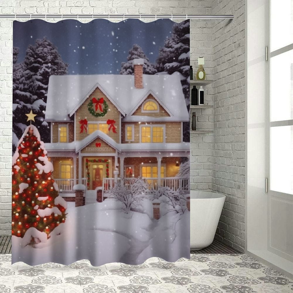 Creowell Christmas Tree Snow House Print Shower Curtain Washable 100