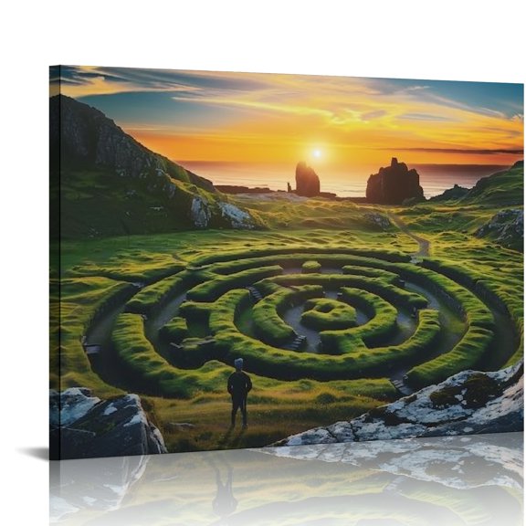 Creowell Circular Maze Sunset Canvas Wall Art Decor Ready To Hang 16x12in