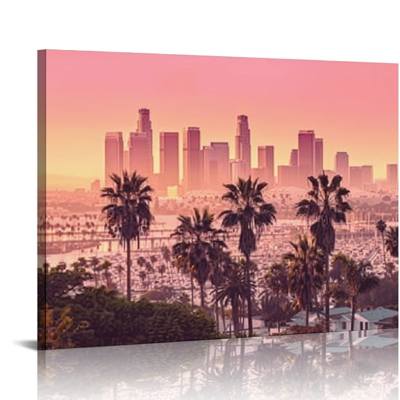 Creowell City Skyline Palm Trees Pink Sky Canvas Wall Art Decor 16x12in
