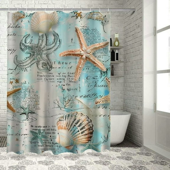 Creowell  Coastal Beach Shower Curtain Seashell Starfish Conch Tropical Ocean Animal Nautical Theme Vintage Watercolor Bathroom Decor Curtain Polyester with Hooks White