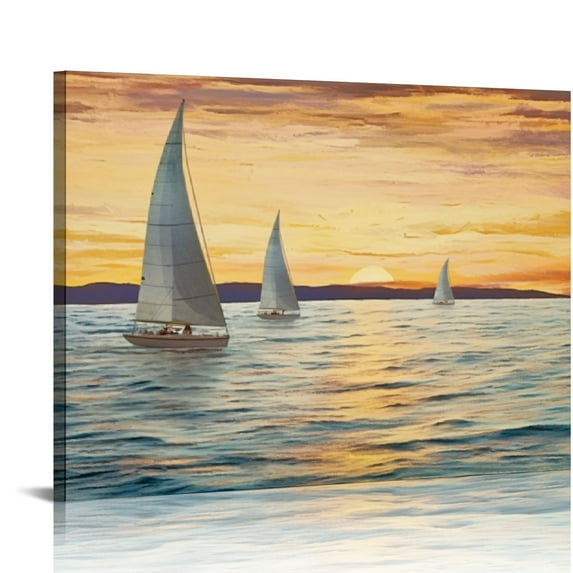 Creowell Coastal Framed Wall Art: Ocean Painting Art Sail Boats Artwork Decor Sunset Seascape Picture Prints for Bedroom 20x16 in/16x12 in