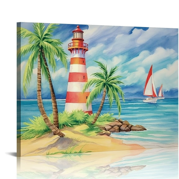 Creowell  Coastal Lighthouse Bathroom Decor Wall Art Beach Sailboat Palm Tree Pictures Ocean Nautical Wall Decor Canvas Painting Beach Framed Artwork for Living Room Bedroom 20x16 in/16x12 in