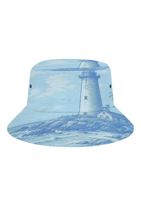 Coastal Lighthouse Palm Sketch Bucket Hat, Soft, Printed, Packable Fisherman Sun Hat for Beach Travel Hiking Vacation, Sun Hat for Women Men, One Size