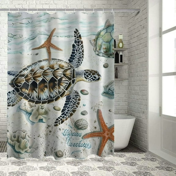 Creowell  Coastal Nautical Shower Curtain Vintage Sea Turtle Starfish Seashell Watercolor Marine Life Beach Themed Bathroom Decor Fabric Curtains with Hooks White