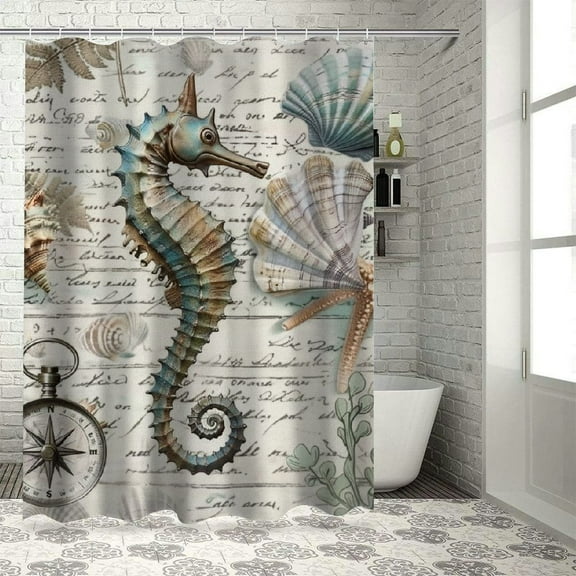 Creowell  Coastal Nautical Shower Curtain Vintage Seahorse Seashell Starfish Watercolor Marine Life Beach Themed Bathroom Decor Fabric Curtains with Hooks White