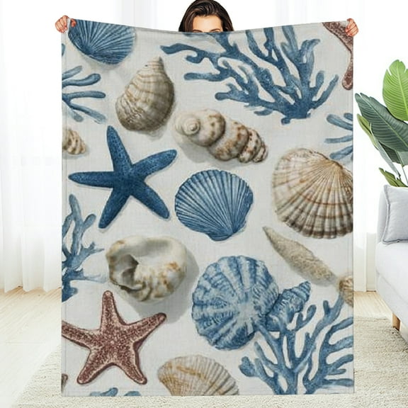 Creowell Coastal Ocean Beach Blanket Gifts for Girls Boys Kids Adults Soft Warm Lightweight Cozy Nautical Coral Seashells Throw Blankets for Bed Sofa Living Room Couch Home Decor  30*40in