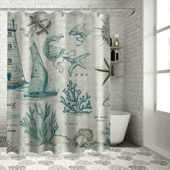 Creowell  Coastal Seahorse Shower Curtain Set Retro Nautical Beach Theme Shower Curtain for Bathroom Coral Sailboat Seashell Lighthouse Shower Curtain with Hooks White