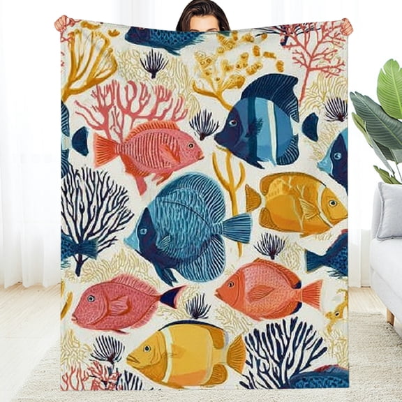 Creowell Colorful Fish Blanket, Soft Cozy Lightweight  Throw Blanket for Couch, Bed, Decor, Travel &amp; Outdoor Use, Warm Fluffy Fuzzy Blankets with Coral for Women Men   60*80in