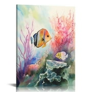 Creowell Colorful Ocean Fish Decor Wall Art Tropical Fish Pictures Watercolor Coral Canvas Painting Framed Artwork for Bathroom Living Room Bedroom 16x20 in/12x16 in
