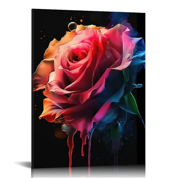 Creowell Colorful Rose Wall Art Abstract Graffiti Rainbow Flower Canvas Prints Pictures Decor Modern Watercolor Black Background Painting Artwork for Living Room Bedroom Home Decorations