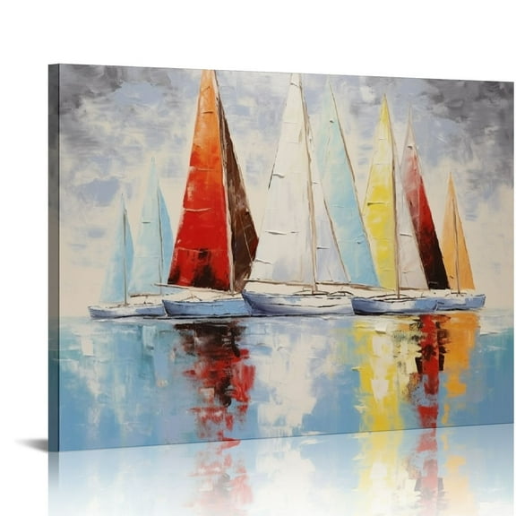 Creowell  Colorful Sailboat Canvas Wall Art: Abstract Boat on the Ocean Quiet Seascape Artwork Painting for Bathroom 20x16 in/16x12 in