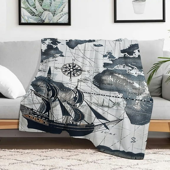 Creowell Compass Map Boat Flannel Blankets for Couch Bed Sofa, Home Leisure Fuzzy Soft Cozy Blanket Multifunctional for Sofa, Travel, Camping, Bed, Chair, All Season Gift 30x40in