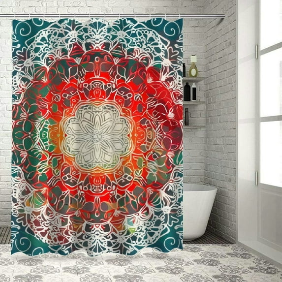 Creowell Coral and Teal Shower Curtain, Modern Tribal Mandala Tibetan Healing Motif with Floral Geometric Ombre Art, Cloth Fabric Bathroom Decor Set with Hooks, Coral Teal White
