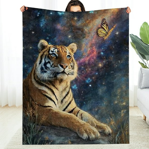 Creowell Cosmic Tiger Blanket, Lightweight Comfy Majestic Tigers with Butterfly Blankets for Couch Sofa Bedroom, Soft Plush Travel  Throw Blanket Gifts for Women Adults Kids, Home Decor   30*40in