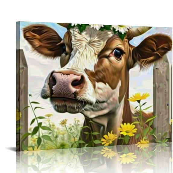 Creowell Country Cow Wearing Flowers Sunflower Canvas Canvas Wall Art Poster Pictures, Rustic Cute And Humorous Brown Cow Wall Artwork Painting Printed And Ready To Hang 20x16in