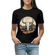 Creowell Cow Print Bull Shirts Retro Bull Skull Graphic Tees, Plus Size Short Sleeve Crewneck T Shirt AL11-05 Black
