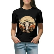 Creowell Cow Print Bull Shirts Retro Bull Skull Graphic Tees, Plus Size Short Sleeve Crewneck T Shirt AL11-06 Black
