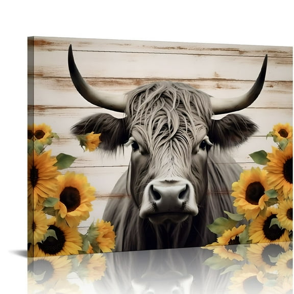 Creowell Cow Sunflowers Canvas Wall Art Print Home Decor Living Room Bedroom Office Wall Decor - 2 Size Options 20x16in