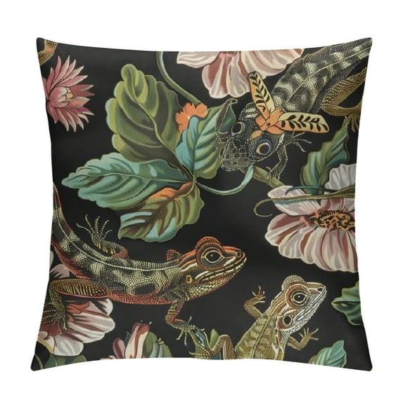 Creowell Cozy Throw Pillow Cover Vintage Frogs Lotus Flowers and Butterfly Decorative Square Pillowcase Throw Cushion Case for Bedroom, Living Room, Sofa, Couch and Bed