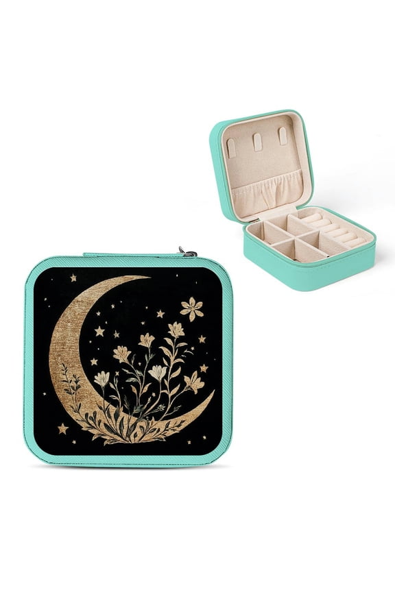 Crescent Moon Flowers Stars Friendship Day Gifts Jewelry Box for Necklace Ring Earring, Portable Travel Jewelry Organizer Case Green