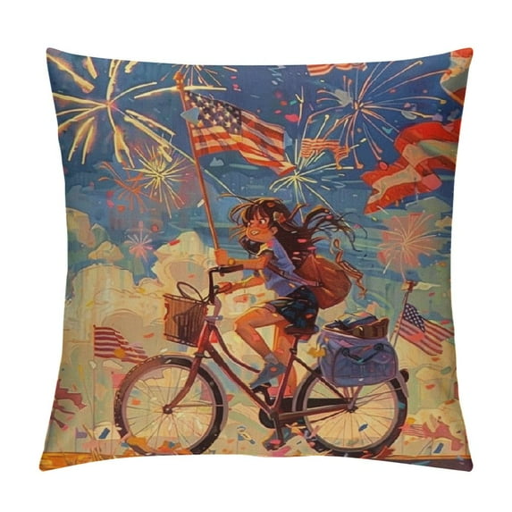 Creowell Cushion Case Outdoor Home Decor 4th of July Independence Day Pillow Cover 4th July Celebration Retro Girl Ride Bicycle Fireworks Decorative Pillow Home Sofa Decor Pillowcase White