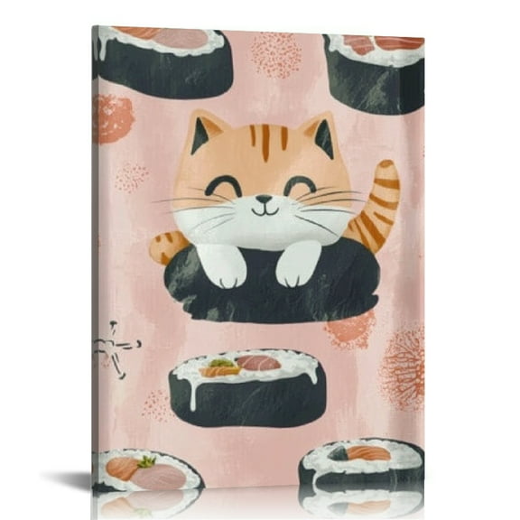 Creowell Cute Cat Sushi Kawaii Print On Canvas Wall Art Decor for Home Living Room Bathroom Bedroom Office, Ready to Hang 12x16in