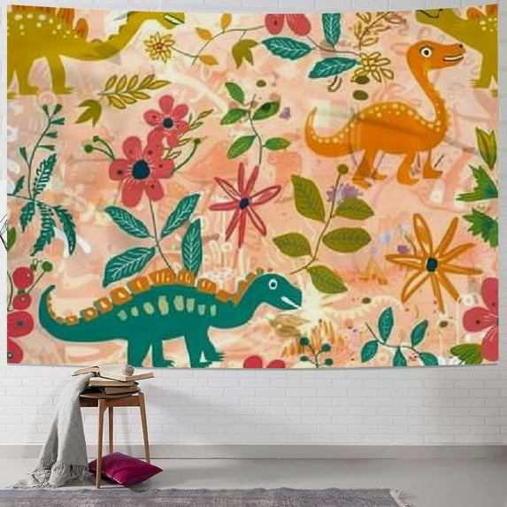 Creowell Cute Dinosaur Kids Tapestry Pastel Pink Cartoon Wall Hanging for Girls Toddler, Colorful Fun Kids Room Decoration, Nursery Wall Art for Children Bedroom 50x40inch