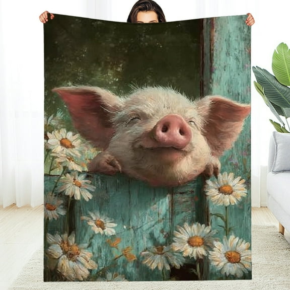 Creowell Cute Pig Blanket Pigs Lying on The Green Fence with Daisy Floral Throw Blankets Lightweight Throws for Camping Couch Chair Office Bed Home Decor Gifts for Adults, 60*80in