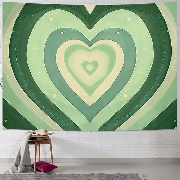 Creowell Cute Sage Green Aesthetic Tapestry for Girls Bedroom, Green White Heart Shaped 2000s Hippie Wall Art Decor Tapestries Wall Hanging for Home College Dorm Woman Teen Girls Posters 40x30inch