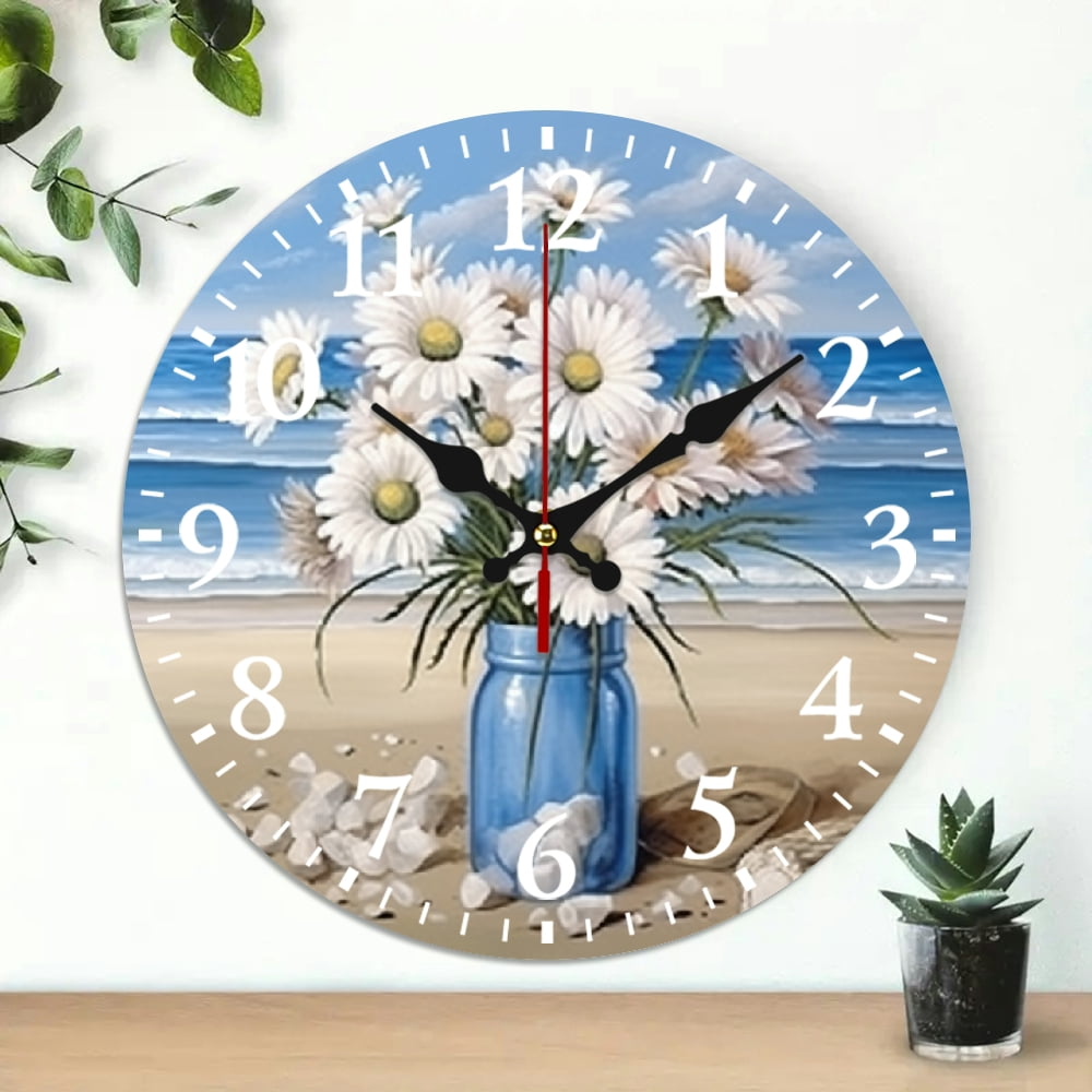 Shell Clcok Creowell Daisies Shells Beach Round Wooden Wall Clock 10 Inch 10x10in ...