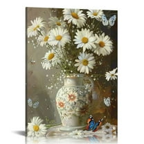 Creowell Daisy Bathroom Wall Decor  Floral  Wall Art Farmhouse White Flower Butterfly Bathroom Decor Canvas Print Painting Framed Modern Gallery Home Artwork for Bedroom Kitchen 16x20 in/12x16 in