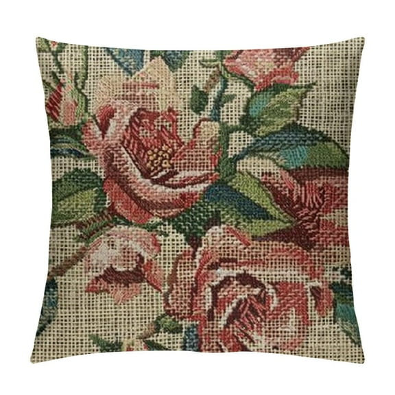 Creowell Decorative Farmhouse Square Throw Pillow Cover Watercolor Botanical Flowers Leaves Floral Pattern Vintage Beige Burgundy Grass Modern Original Cushion Case for Sofa Bedroom Car