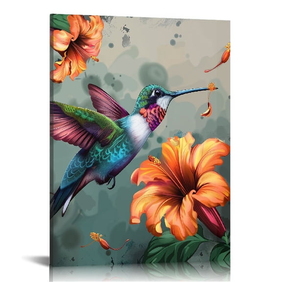 Creowell Decorative Painting Bird Art Prints Abstract Hummingbird with Hawaii Hibiscus Flower Canvas Wall Art Orange Poster Picture with Frame Modern Home Living Room Wall Decor
