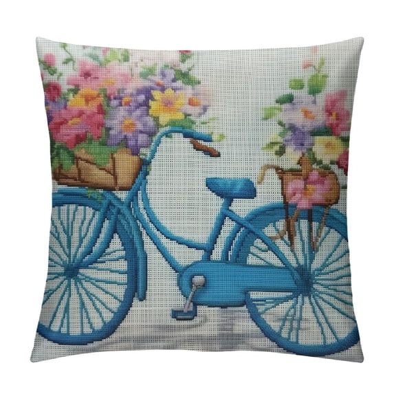 Creowell Decorative Throw Pillow Cover for Couch Sofa,Bike Retro Blue Bicycle with Flowers in Basket on White Isolation Watercolor Vintage Home Decor Pillow case 20x20in