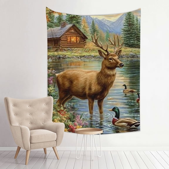 Creowell Deer Ducks Cabin Tapestry Wall Art for Living Room Bedroom 30x40in