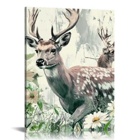 Creowell Deer Flowers Field Canvas Wall Art Home Decor 12x16 16x20 12x16in
