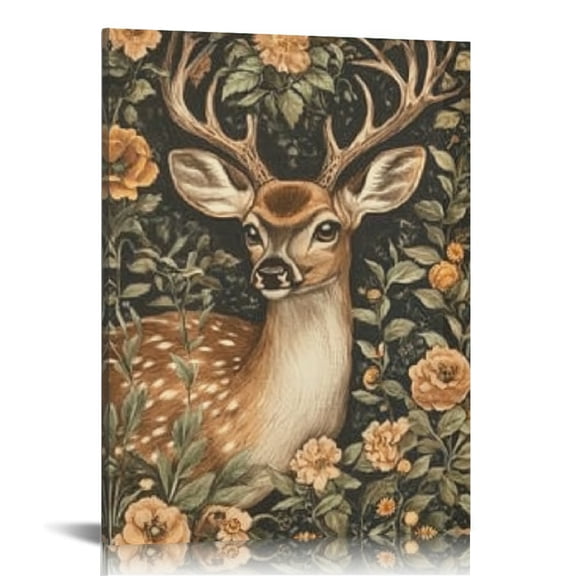Creowell Deer Flowers Leaves Print Canvas Wall Art Home Decor 12x16in